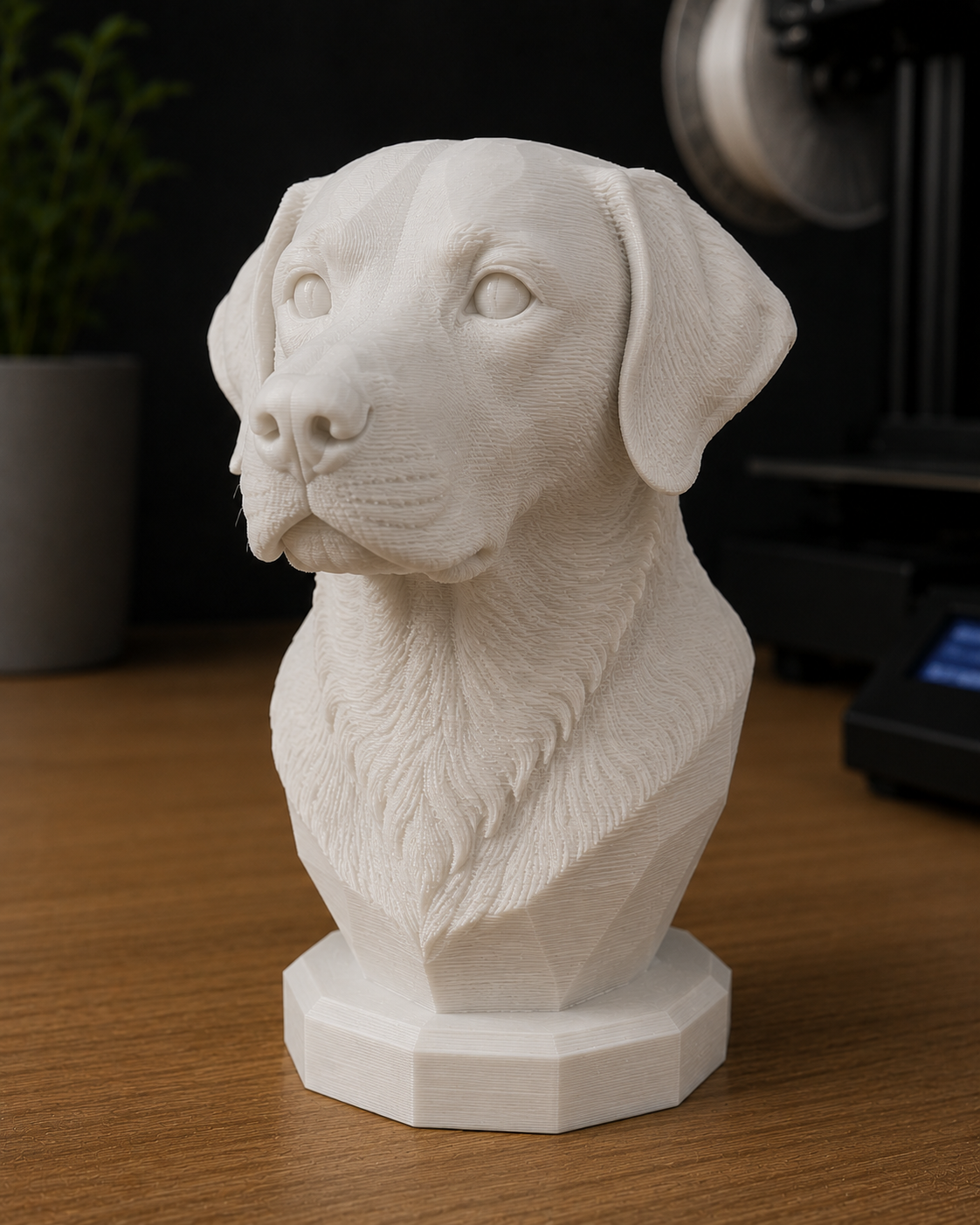 Busto realista de perro impreso en PLA blanco